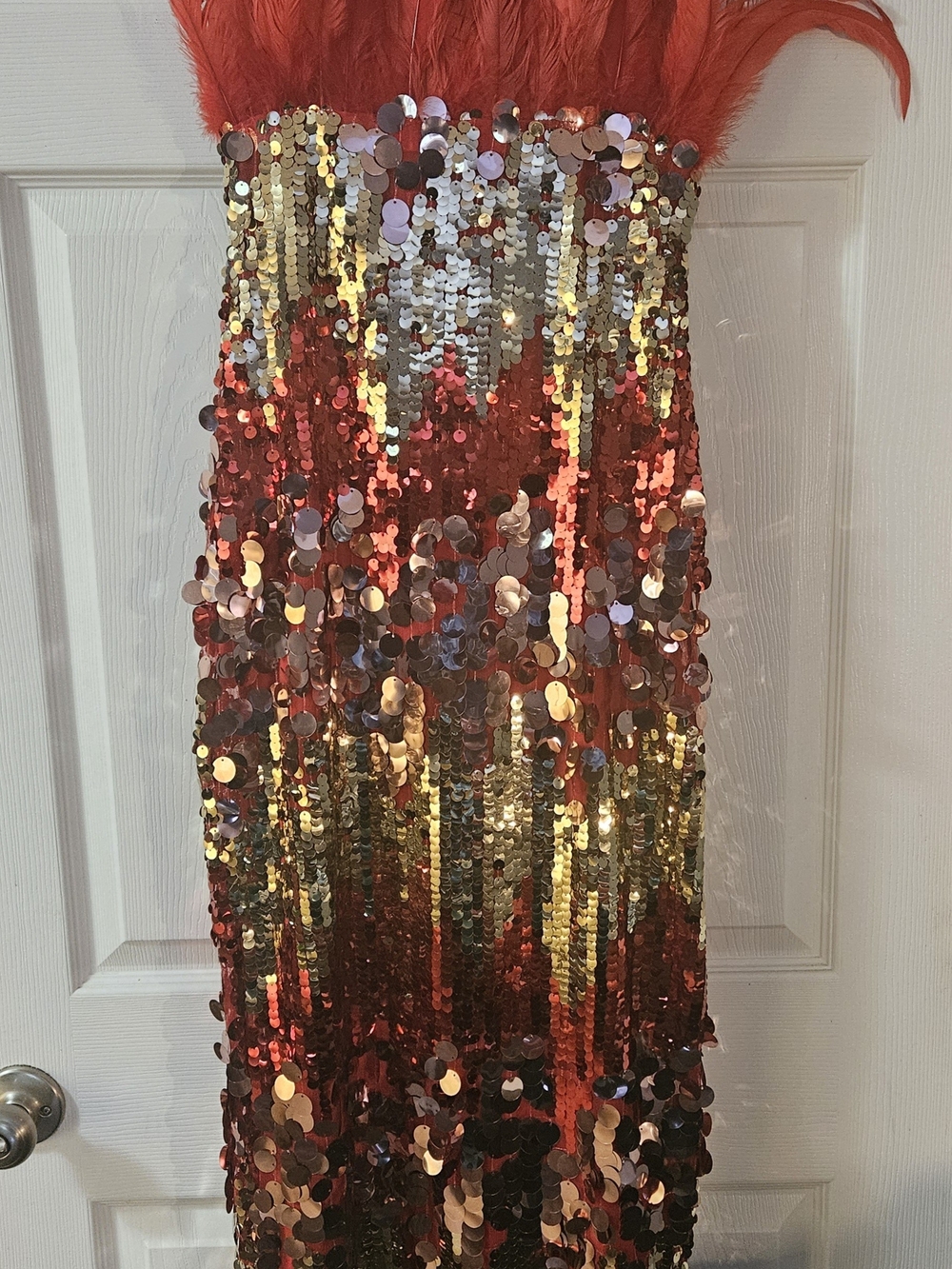 Strapless Red and Gold Sequin Party Dress with Feather Trim